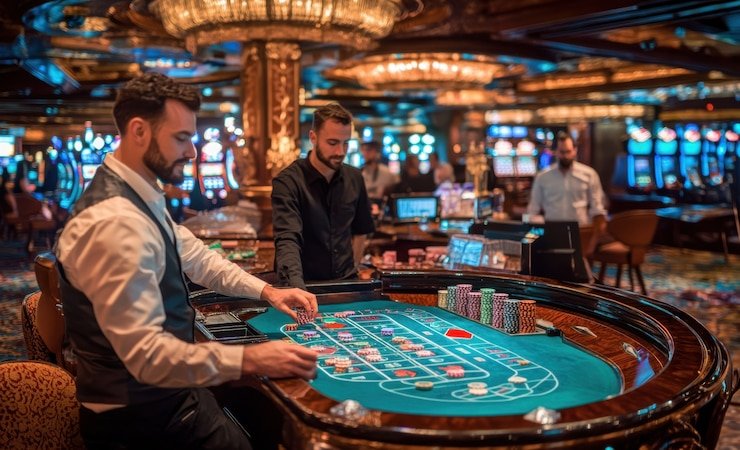 Tim slot resmi88 bekerja di studio dengan peralatan broadcast live dealer
